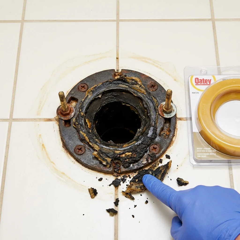 Failed wax ring showing water seepage at the base of a toilet in a Vienna, GA home