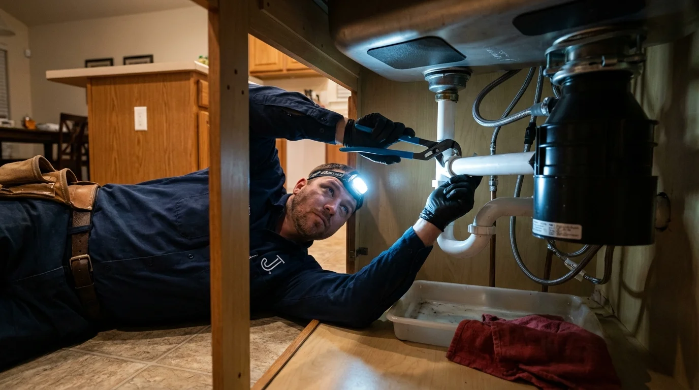 P-trap and supply line connections under a kitchen sink showing a common leak point in Vienna, GA